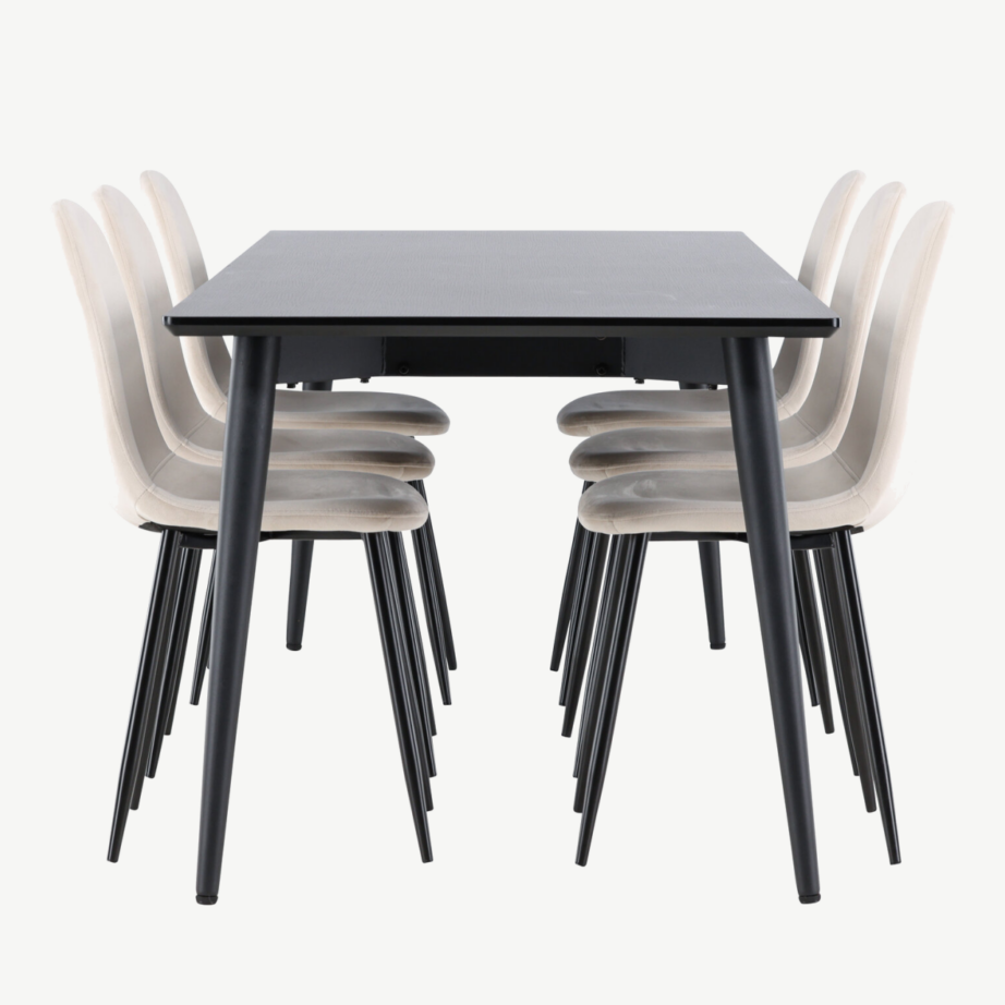 Must söögilauakomplekt Ellis kuue beeži sametist tooliga, GR24612 – 7