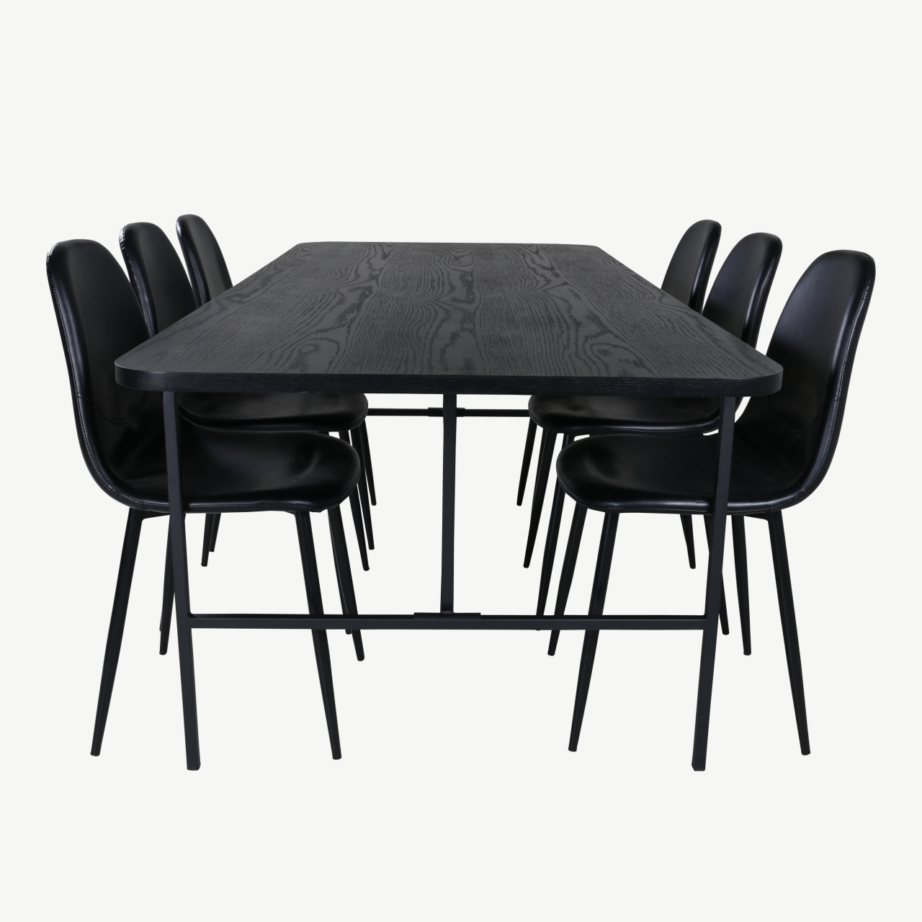 Uno ristkülikukujuline söögilaua komplekt, pähklispoon ja mustad polüestertoolid (6 tk), GR22146 – 71