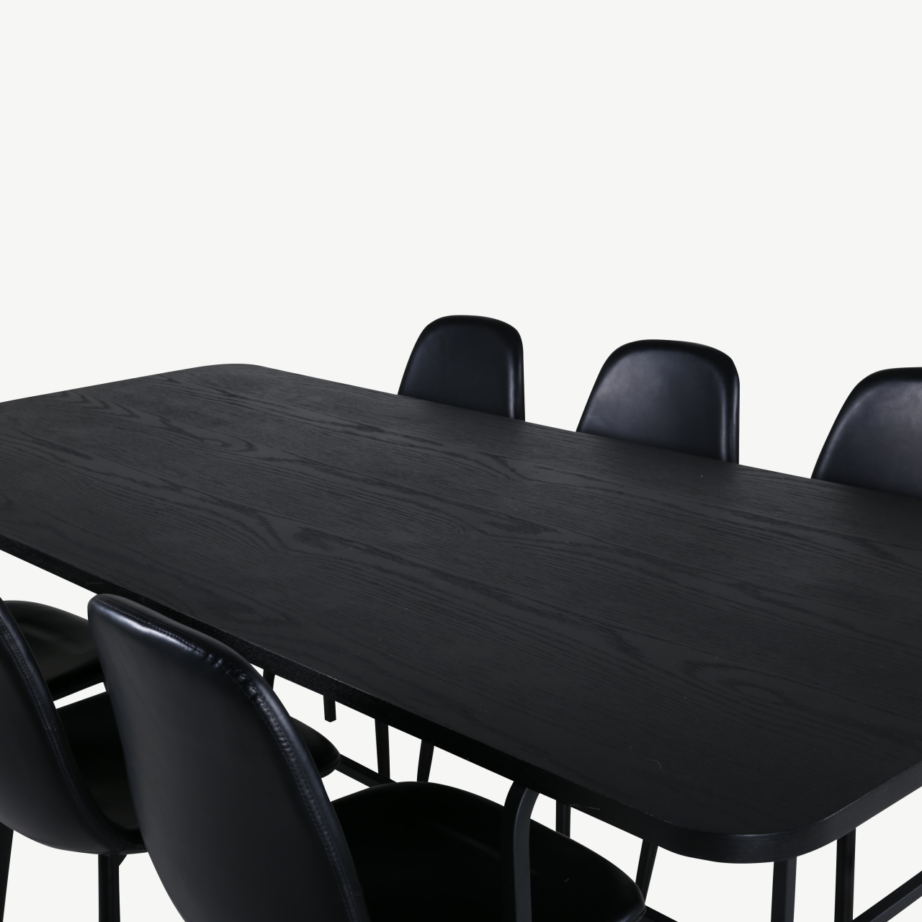 Uno ristkülikukujuline söögilaua komplekt, pähklispoon ja mustad polüestertoolid (6 tk), GR22146 – 72