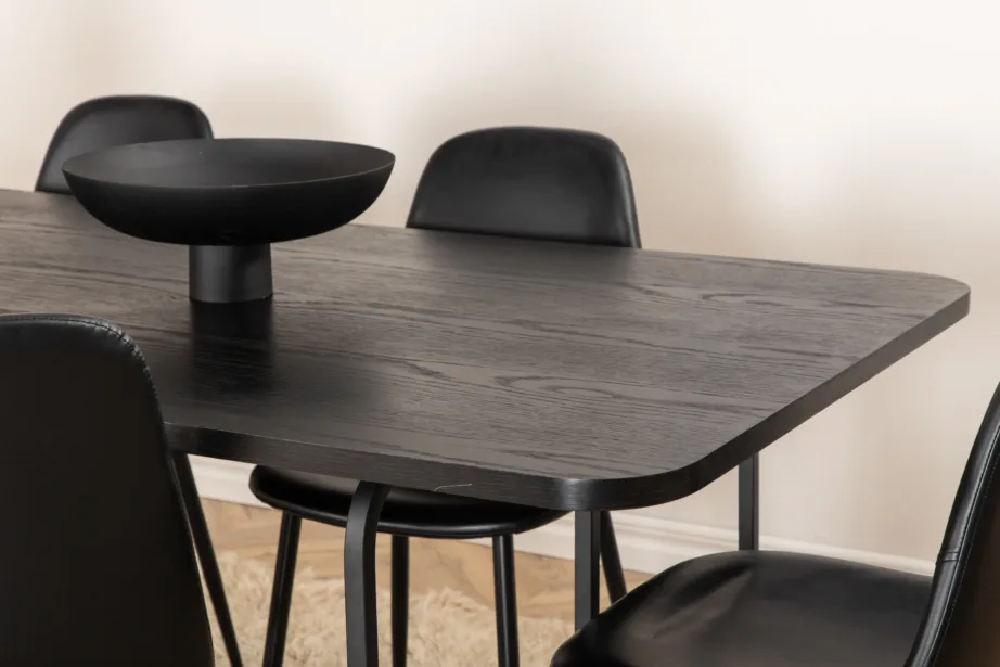 Uno ristkülikukujuline söögilaua komplekt, pähklispoon ja mustad polüestertoolid (6 tk), GR22146 – 76