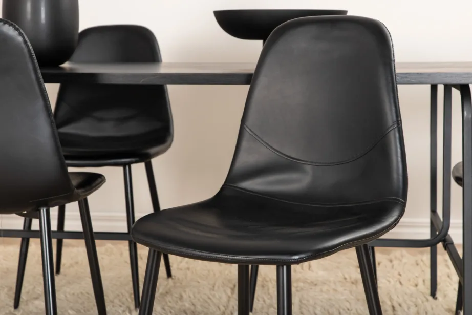 Uno ristkülikukujuline söögilaua komplekt, pähklispoon ja mustad polüestertoolid (6 tk), GR22146 – 77