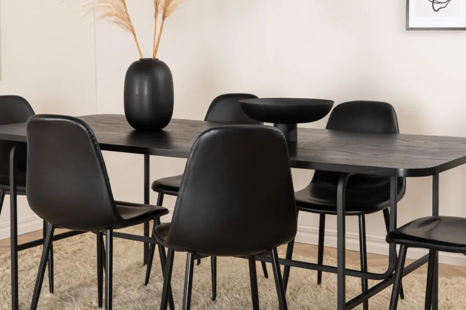 Uno ristkülikukujuline söögilaua komplekt, pähklispoon ja mustad polüestertoolid (6 tk), GR22146 – 78