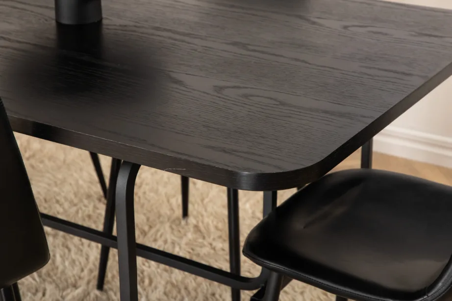 Uno ristkülikukujuline söögilaua komplekt, pähklispoon ja mustad polüestertoolid (6 tk), GR22146 – 79