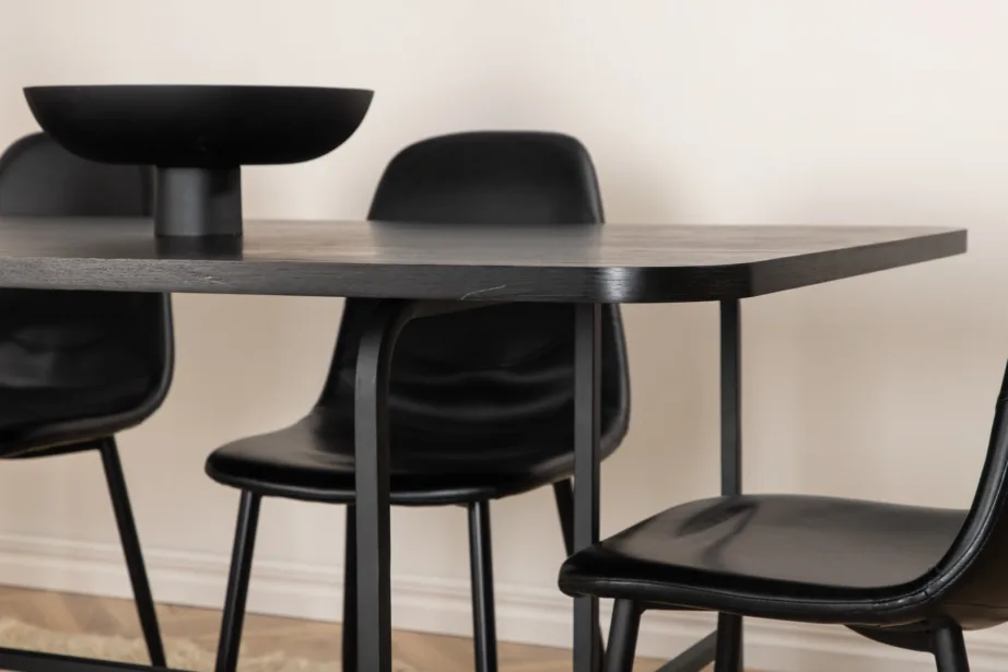 Uno ristkülikukujuline söögilaua komplekt, pähklispoon ja mustad polüestertoolid (6 tk), GR22146 – 80