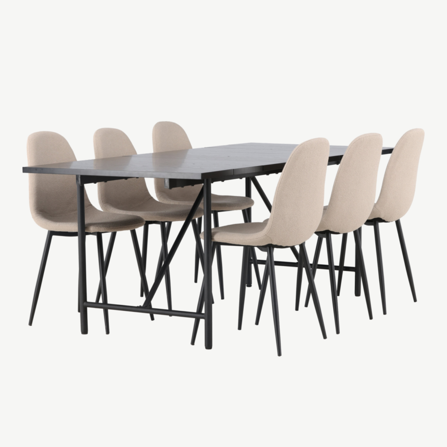 Must söögilaud Astrid (200×90 cm) ning beež buklee-tool Polar, GR23522