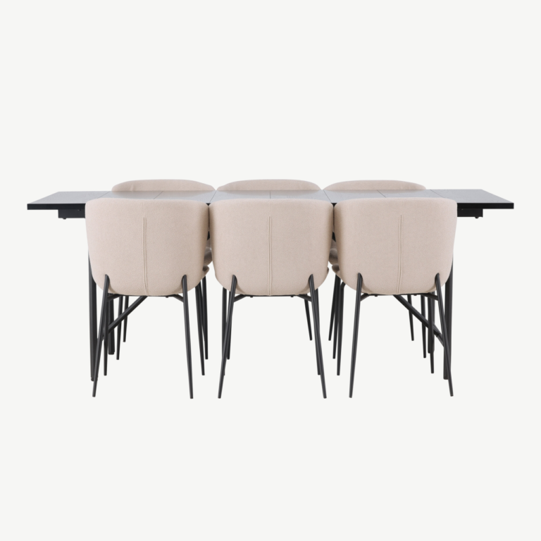 Must söögilaud Astrid 200x90cm ja beežid buklee kangaga Modesto toolid (terasest jalad) - GR23525