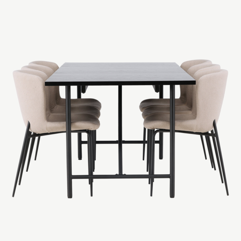Must söögilaud Astrid 200x90cm ja beežid buklee kangaga Modesto toolid (terasest jalad) - GR23525