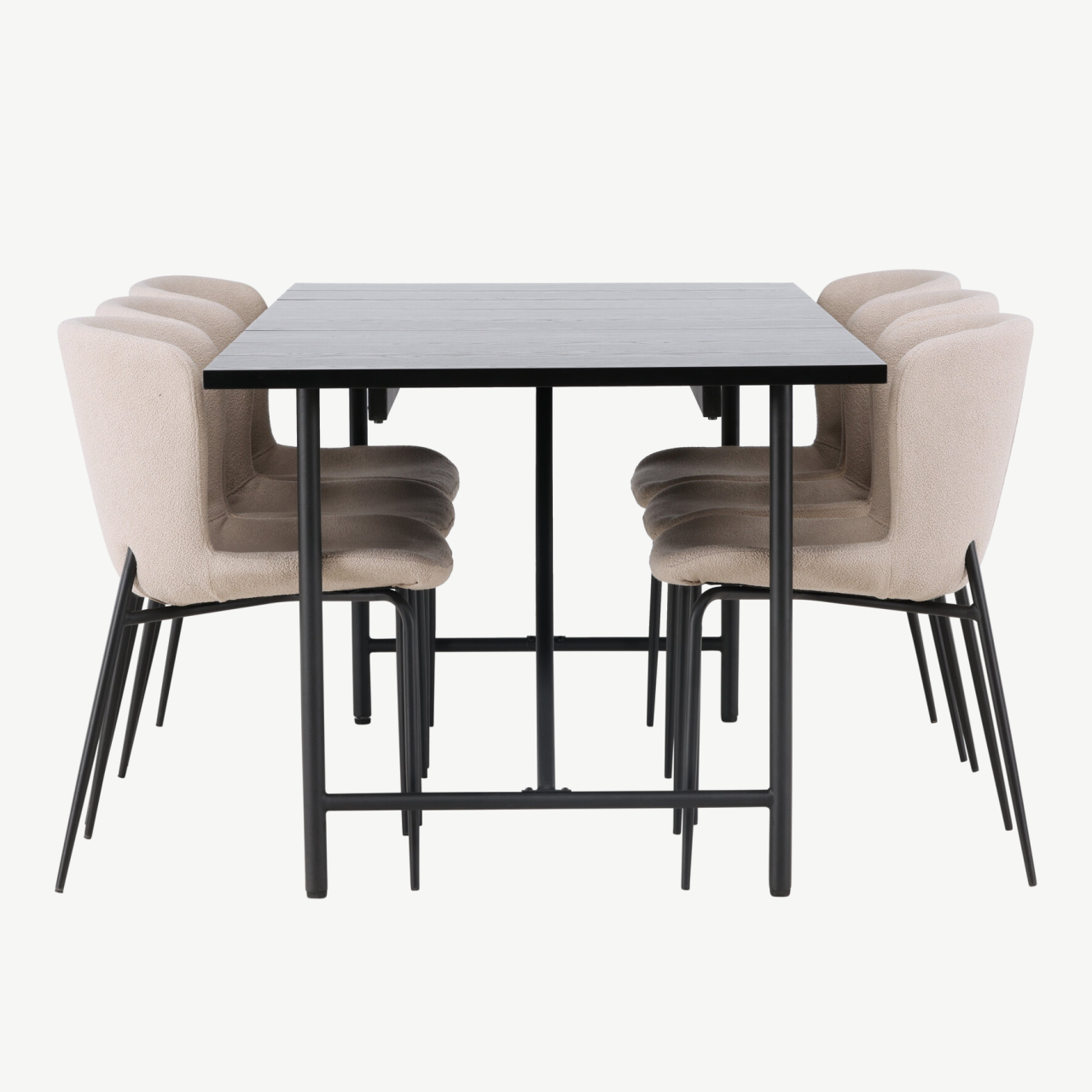 Must söögilaud Astrid 200x90cm ja beežid buklee kangaga Modesto toolid (terasest jalad) - GR23525
