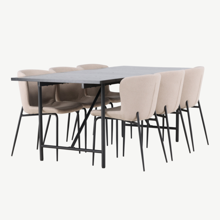 Must söögilaud Astrid 200x90cm ja beežid buklee kangaga Modesto toolid (terasest jalad) - GR23525