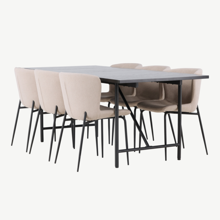 Must söögilaud Astrid 200x90cm ja beežid buklee kangaga Modesto toolid (terasest jalad) - GR23525