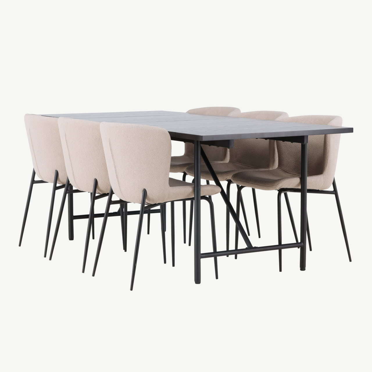 Must söögilaud Astrid 200x90cm ja beežid buklee kangaga Modesto toolid (terasest jalad) - GR23525