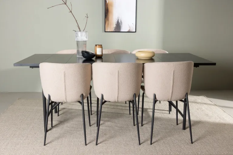 Must söögilaud Astrid 200x90cm ja beežid buklee kangaga Modesto toolid (terasest jalad) - GR23525