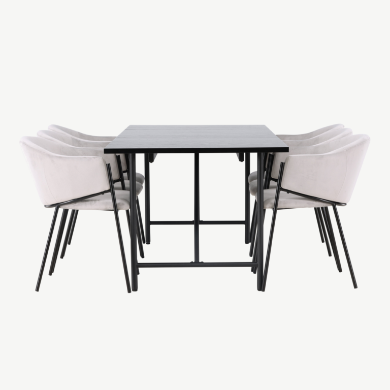 Must söögilaud Astrid ja hallid velvetist toolid Evelina (6 tk), modernne komplekt - GR23520