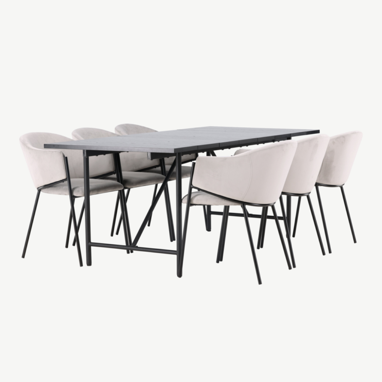Must söögilaud Astrid ja hallid velvetist toolid Evelina (6 tk), modernne komplekt - GR23520