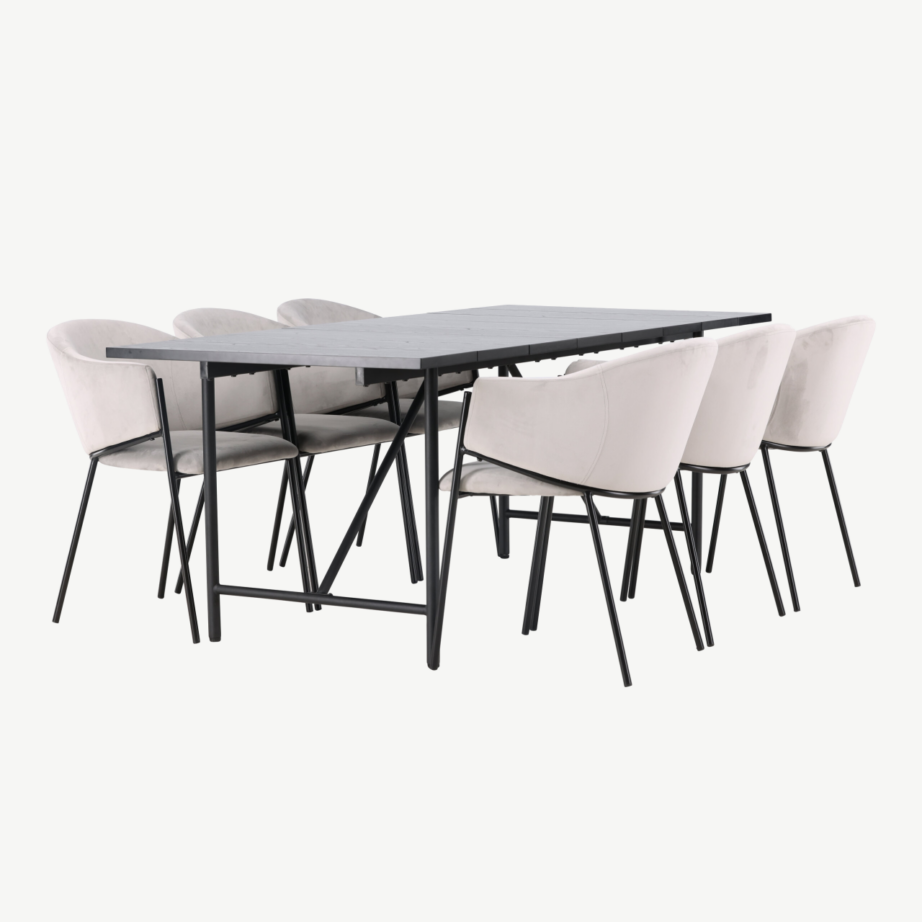 Must söögilaud Astrid ja hallid velvetist toolid Evelina (6 tk), modernne komplekt, GR23520