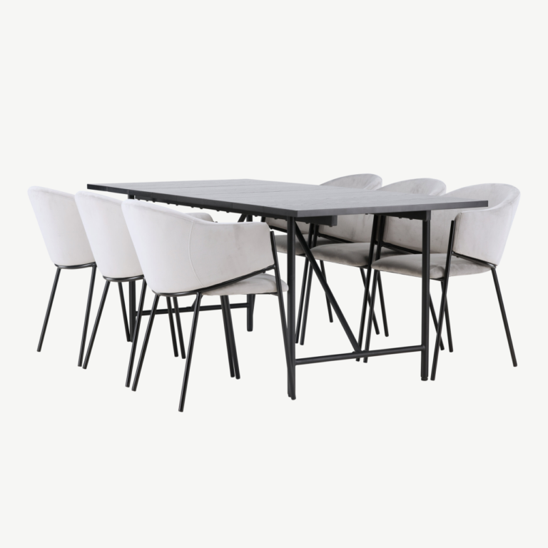 Must söögilaud Astrid ja hallid velvetist toolid Evelina (6 tk), modernne komplekt - GR23520