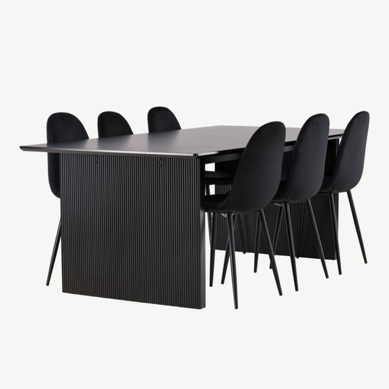 Must söögilaud Vail ja mustad sametist Polar toolid (MDF, 200x100cm) - GR22910