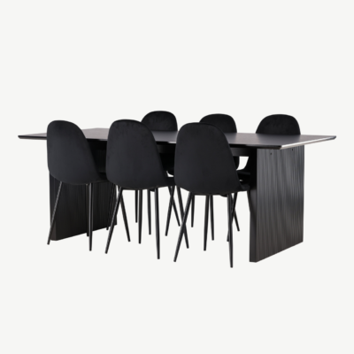 Must söögilaud Vail ja mustad sametist Polar toolid (MDF, 200x100cm) - GR22910