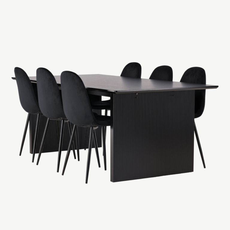 Must söögilaud Vail ja mustad sametist Polar toolid (MDF, 200x100cm) - GR22910