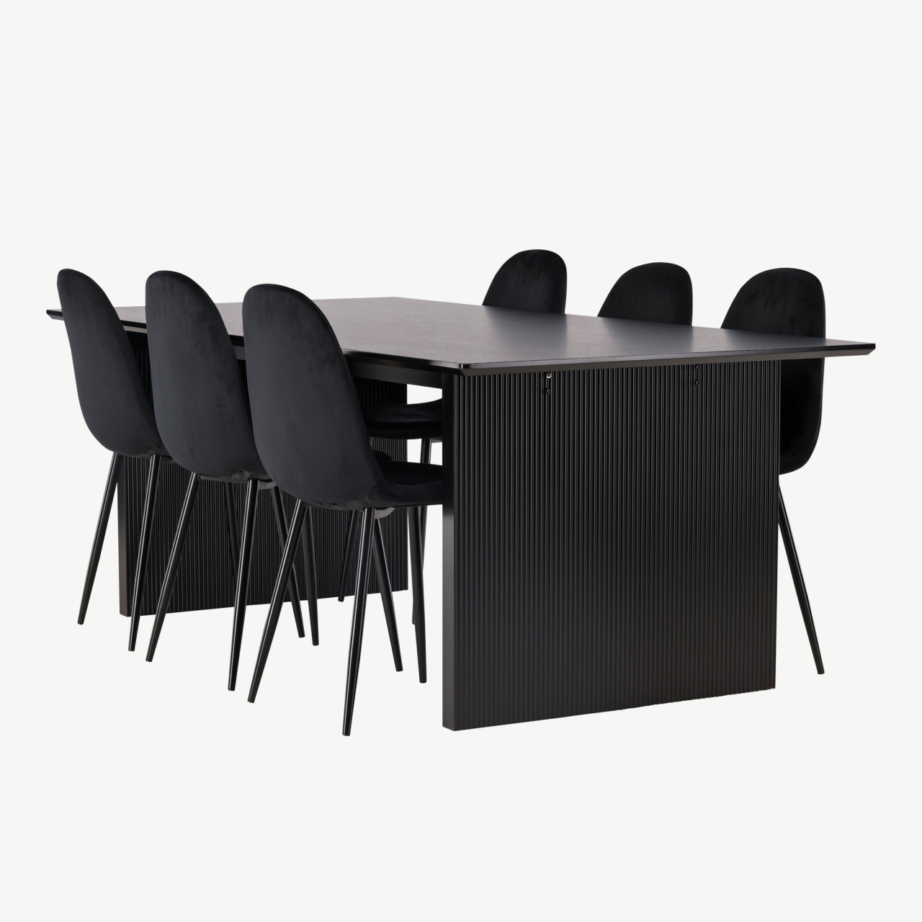 Must söögilaud Vail ja mustad sametist Polar toolid (MDF, 200x100cm), GR22910 – 6