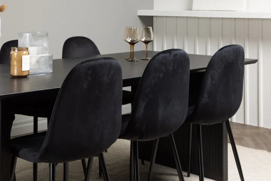 Must söögilaud Vail ja mustad sametist Polar toolid (MDF, 200x100cm), GR22910 – 10