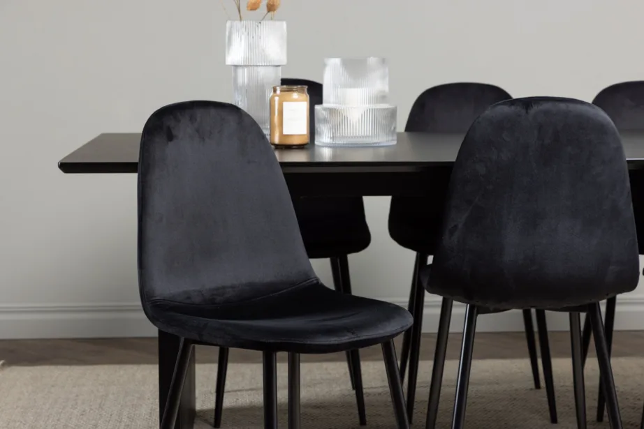 Must söögilaud Vail ja mustad sametist Polar toolid (MDF, 200x100cm), GR22910 – 11