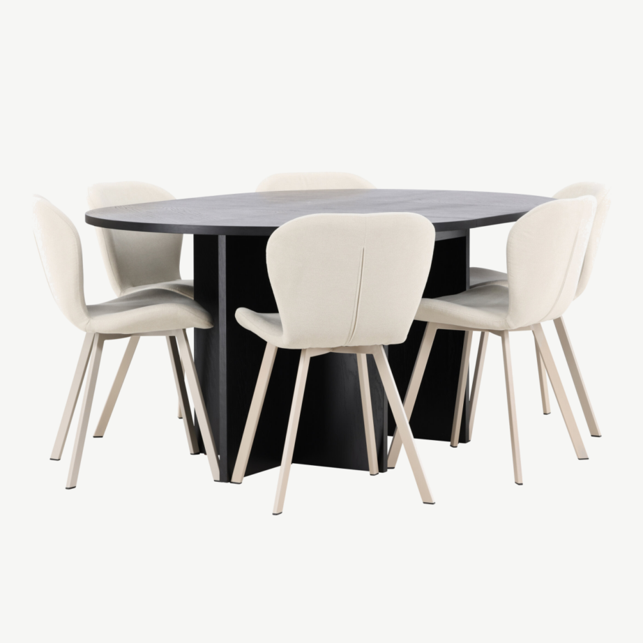 Ümmargune pikendatav söögilauakomplekt Strada: must laud ja 6 beeži Lilja tooli, GR24736 – 2