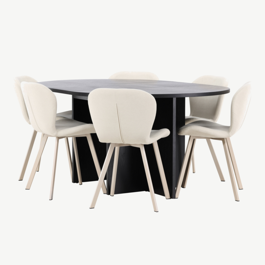 Ümmargune pikendatav söögilauakomplekt Strada: must laud ja 6 beeži Lilja tooli, GR24736 – 6