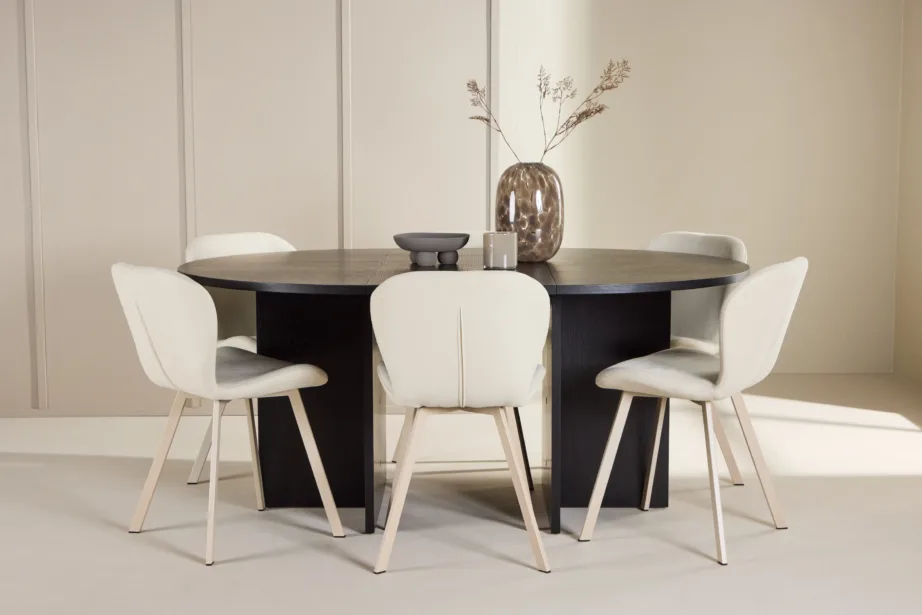 Ümmargune pikendatav söögilauakomplekt Strada: must laud ja 6 beeži Lilja tooli, GR24736 – 8