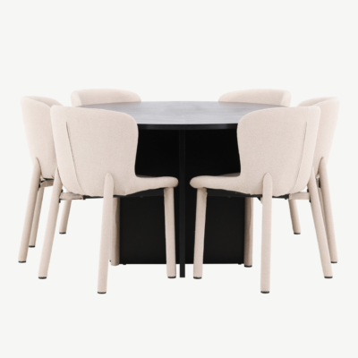 Must ümmargune pikendatav söögilauakomplekt Strada laud (MDF, ø120/170 cm) ja 6 beeži buklee Astoria tooli - GR24734