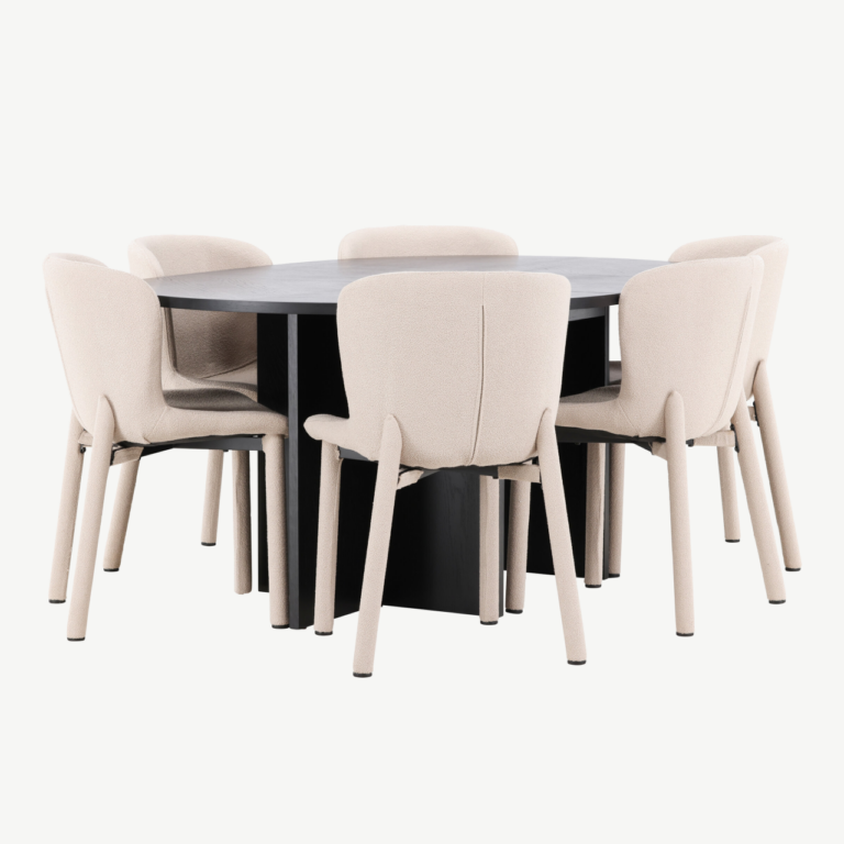Must ümmargune pikendatav söögilauakomplekt Strada laud (MDF, ø120/170 cm) ja 6 beeži buklee Astoria tooli - GR24734