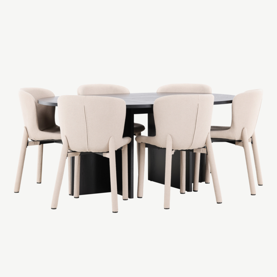 Must ümmargune pikendatav söögilauakomplekt Strada laud (MDF, ø120/170 cm) ja 6 beeži buklee Astoria tooli, GR24734 – 3