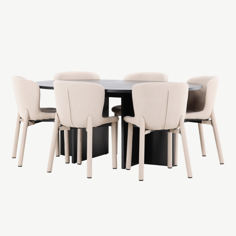 Must ümmargune pikendatav söögilauakomplekt Strada laud (MDF, ø120/170 cm) ja 6 beeži buklee Astoria tooli, GR24734 – 5