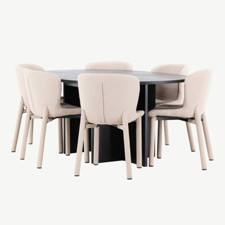 Must ümmargune pikendatav söögilauakomplekt Strada laud (MDF, ø120/170 cm) ja 6 beeži buklee Astoria tooli - GR24734