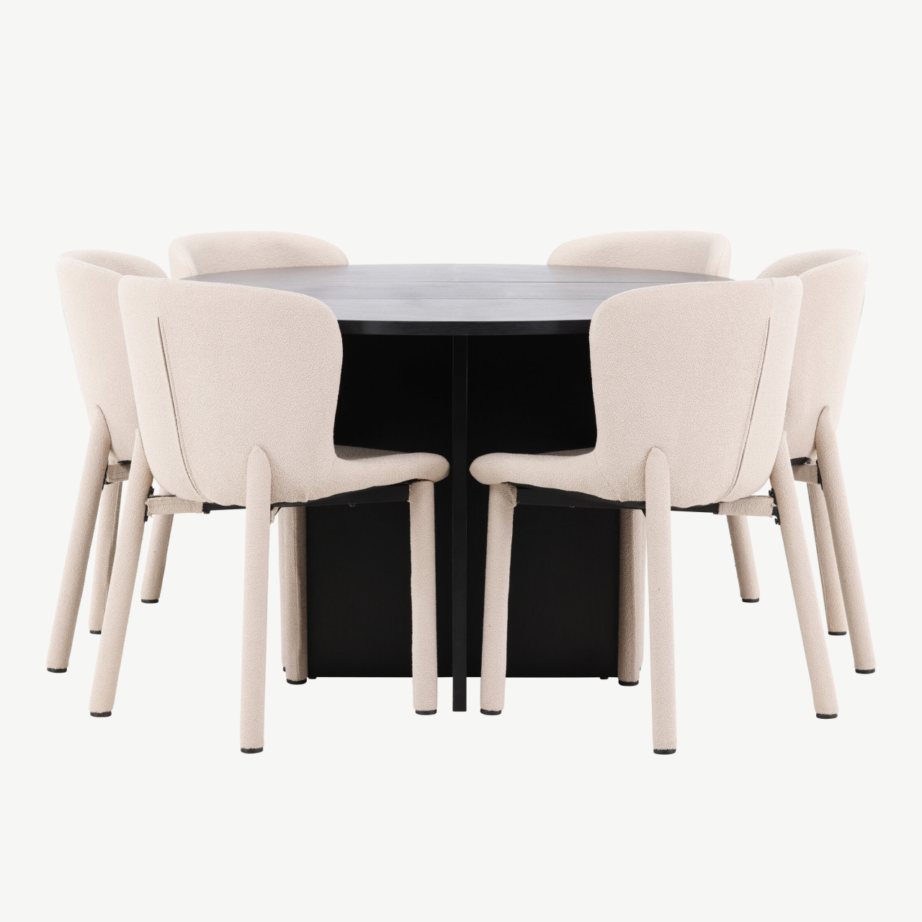 Must ümmargune pikendatav söögilauakomplekt Strada laud (MDF, ø120/170 cm) ja 6 beeži buklee Astoria tooli, GR24734 – 7