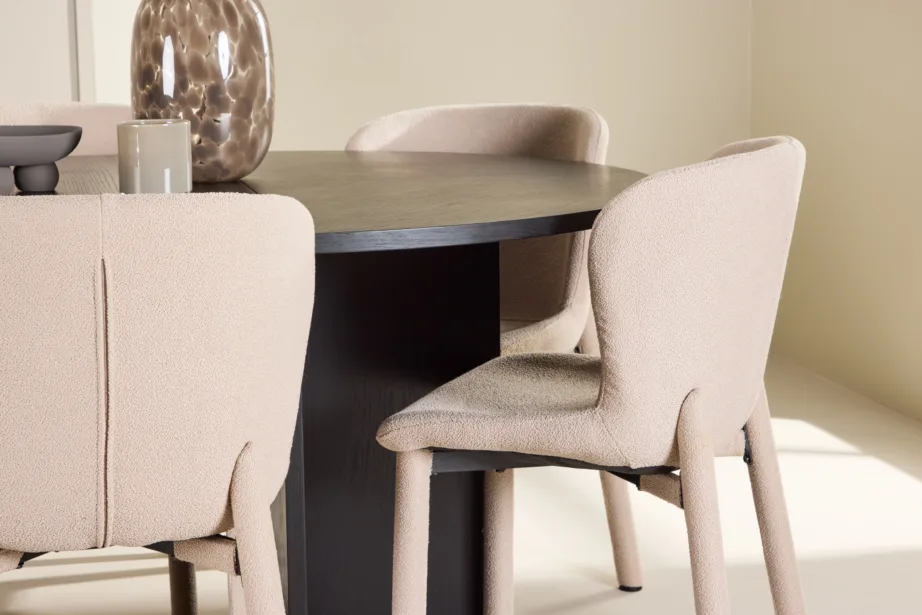 Must ümmargune pikendatav söögilauakomplekt Strada laud (MDF, ø120/170 cm) ja 6 beeži buklee Astoria tooli, GR24734 – 9