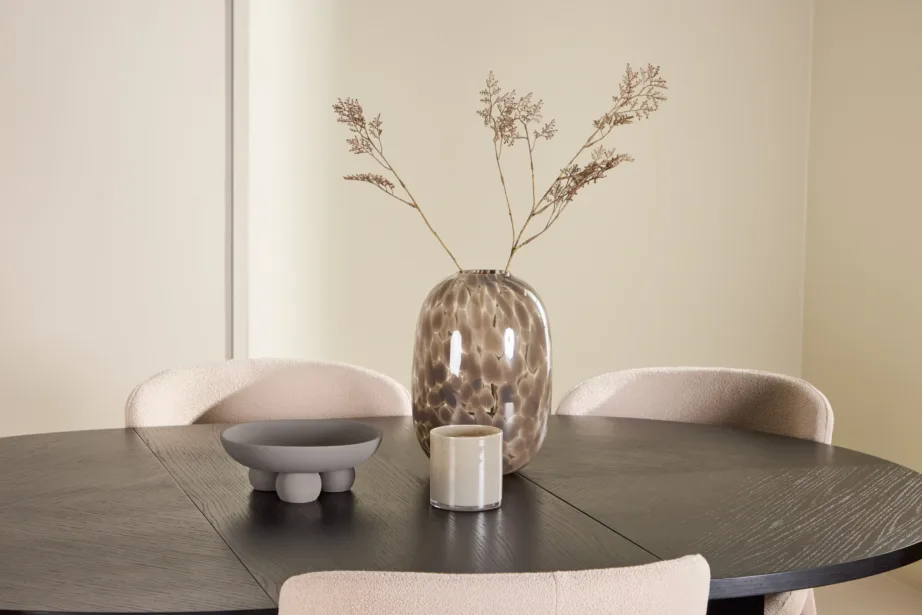 Must ümmargune pikendatav söögilauakomplekt Strada laud (MDF, ø120/170 cm) ja 6 beeži buklee Astoria tooli, GR24734 – 10