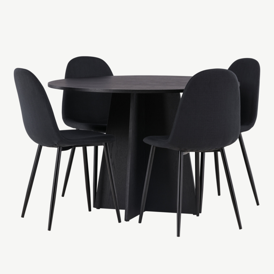 Must ümmargune söögilauakomplekt Bootcut laud ja Polar toolid (ø110 cm, 4 tooli, MDF ja polüester), GR22871 – 4