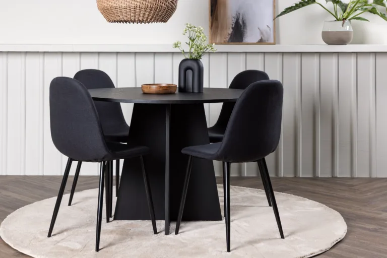 Must ümmargune söögilauakomplekt Bootcut laud ja Polar toolid (ø110 cm, 4 tooli, MDF ja polüester) - GR22871