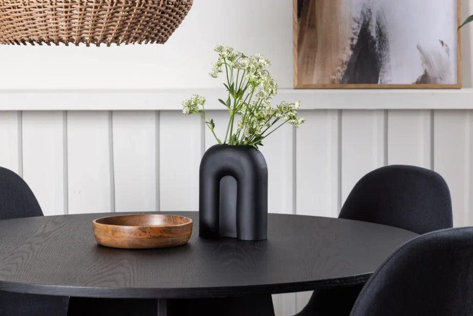 Must ümmargune söögilauakomplekt Bootcut laud ja Polar toolid (ø110 cm, 4 tooli, MDF ja polüester), GR22871 – 10