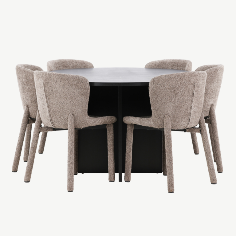 Must ümmargune söögilauakomplekt: pikendatav Strada laud ⌀120/170cm ja 6 pruuni buklee-kattega Astoria tooli - GR24732