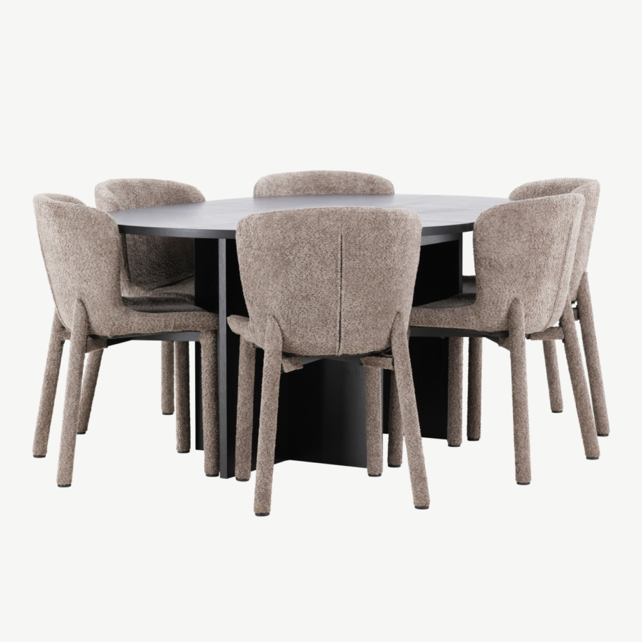 Must ümmargune söögilauakomplekt: pikendatav Strada laud ⌀120/170cm ja 6 pruuni buklee-kattega Astoria tooli, GR24732 – 2