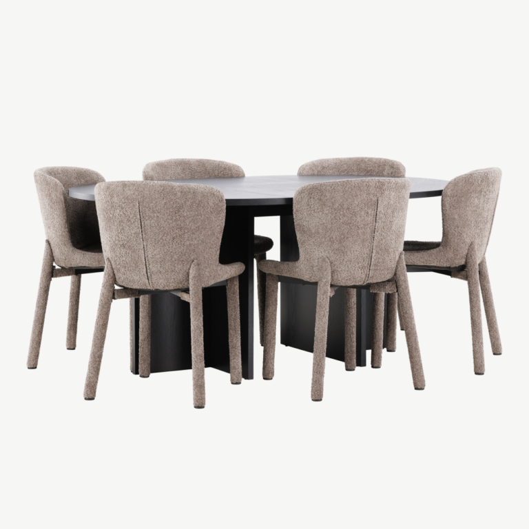 Must ümmargune söögilauakomplekt: pikendatav Strada laud ⌀120/170cm ja 6 pruuni buklee-kattega Astoria tooli - GR24732
