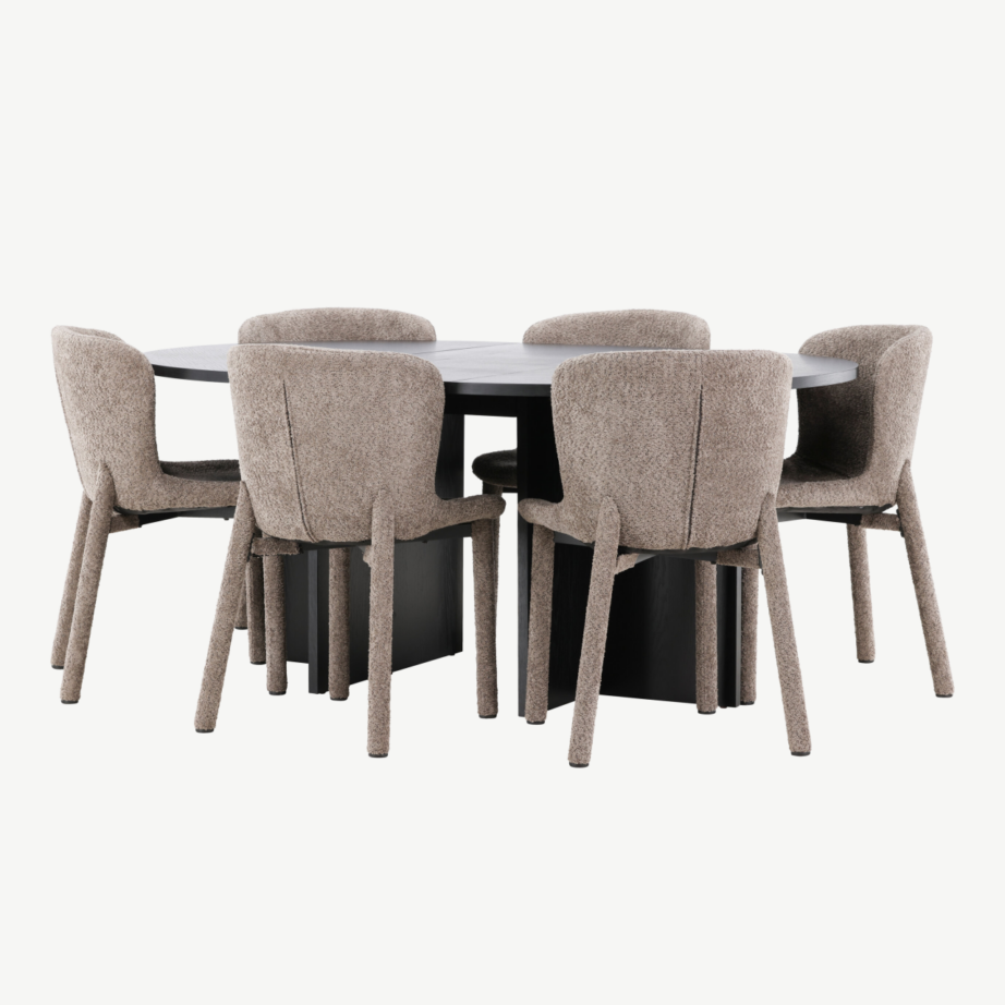 Must ümmargune söögilauakomplekt: pikendatav Strada laud ⌀120/170cm ja 6 pruuni buklee-kattega Astoria tooli, GR24732 – 5