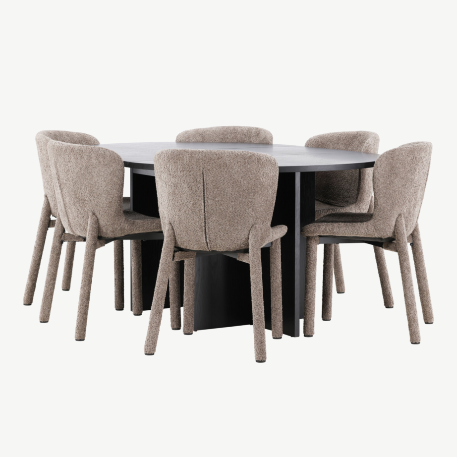 Must ümmargune söögilauakomplekt: pikendatav Strada laud ⌀120/170cm ja 6 pruuni buklee-kattega Astoria tooli, GR24732 – 6