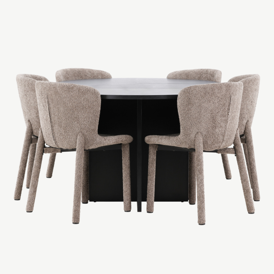 Must ümmargune söögilauakomplekt: pikendatav Strada laud ⌀120/170cm ja 6 pruuni buklee-kattega Astoria tooli, GR24732 – 7