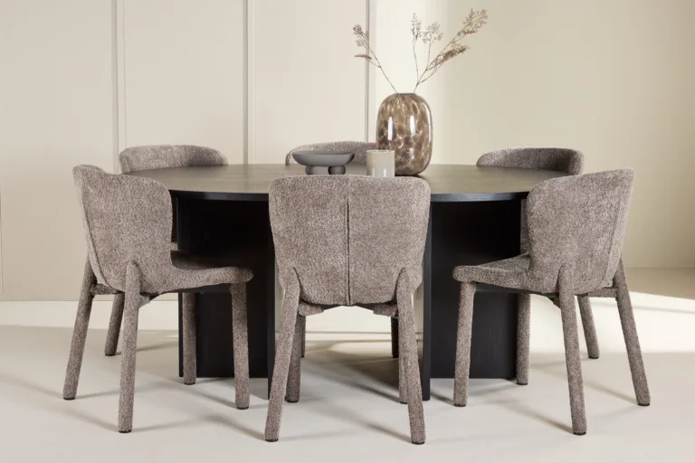 Must ümmargune söögilauakomplekt: pikendatav Strada laud ⌀120/170cm ja 6 pruuni buklee-kattega Astoria tooli - GR24732