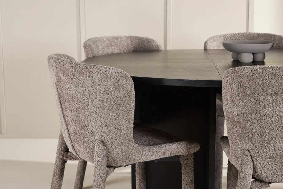 Must ümmargune söögilauakomplekt: pikendatav Strada laud ⌀120/170cm ja 6 pruuni buklee-kattega Astoria tooli, GR24732 – 9