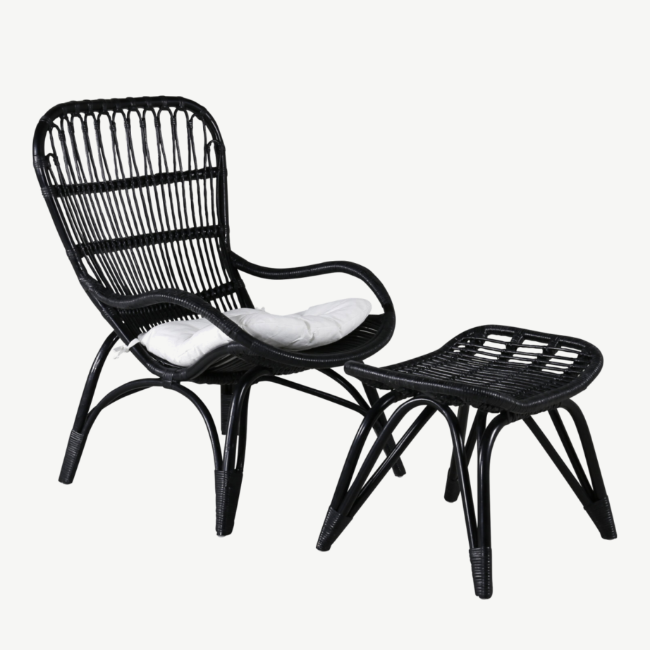 Mustast rotangist lounge-tugitool murdvalge padjaga Ella, 2571-6012 – 2