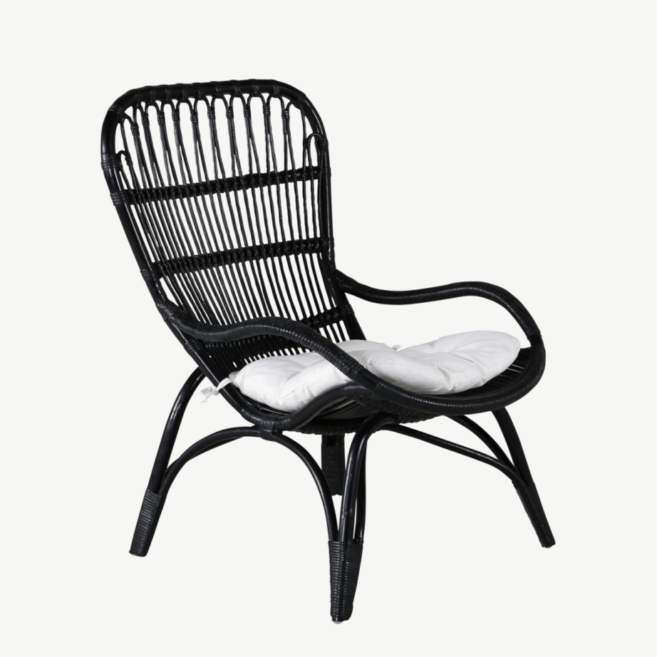 Mustast rotangist lounge-tugitool murdvalge padjaga Ella, 2571-6012 – 6